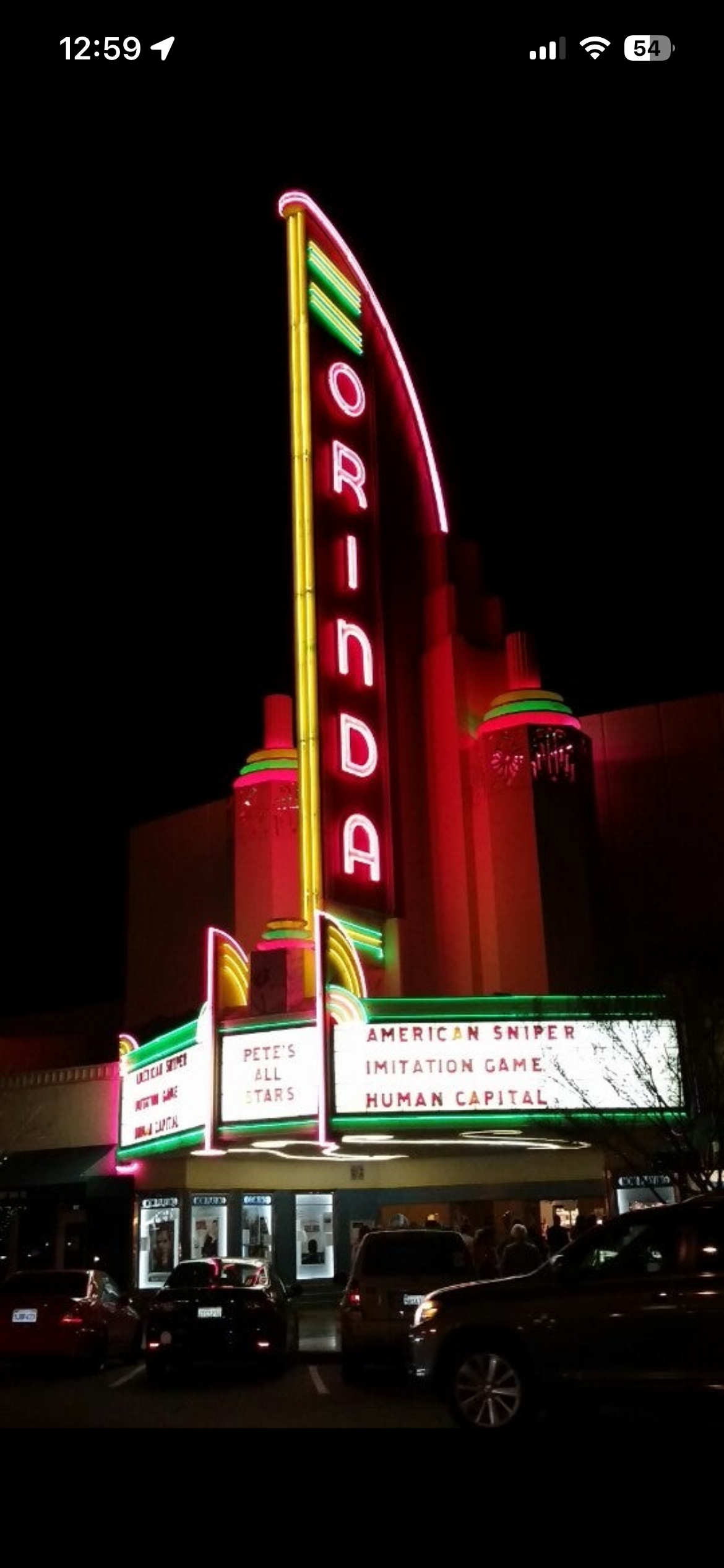 The Orinda Theatre marquee at night